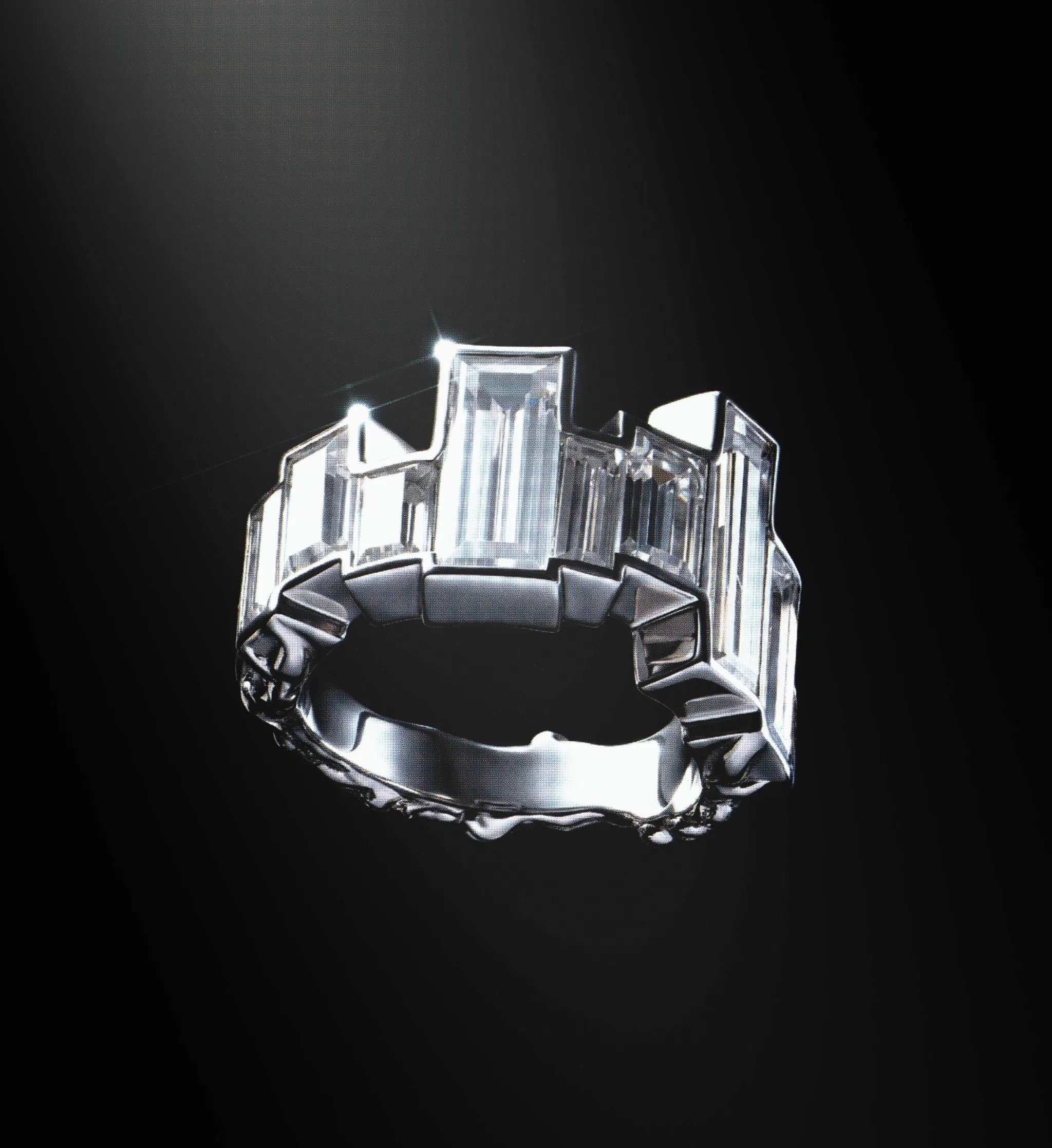 White gold ring set with baguette diamonds rising in a skyline silhouette, lit against black